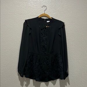 Kensie Elegant Black Lace Blouse Sheer Long Sleeves Sz M  Whimsigoth witchy goth